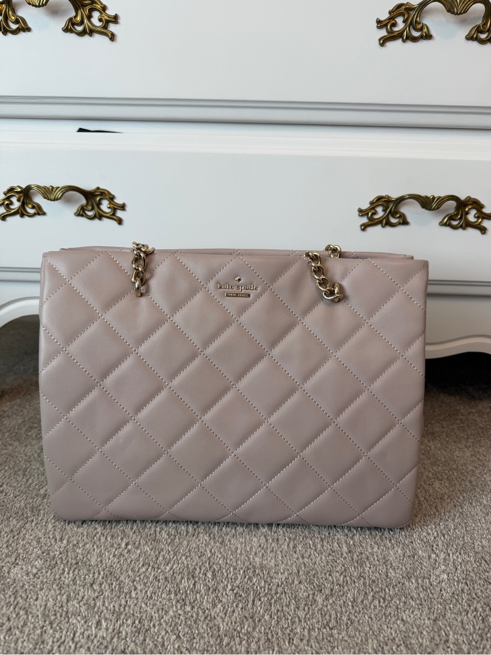 kate spade Quilted Shoulder Tote in Blush Taupe with Gold Chain Strap